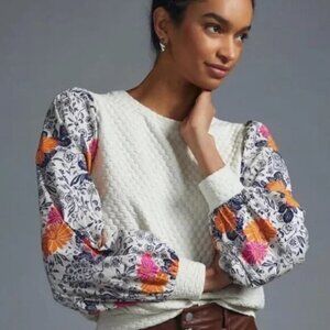 ANTHROPOLOGIE Porridge Textured Sweatshirt Ivory Floral Sleeve - XXS